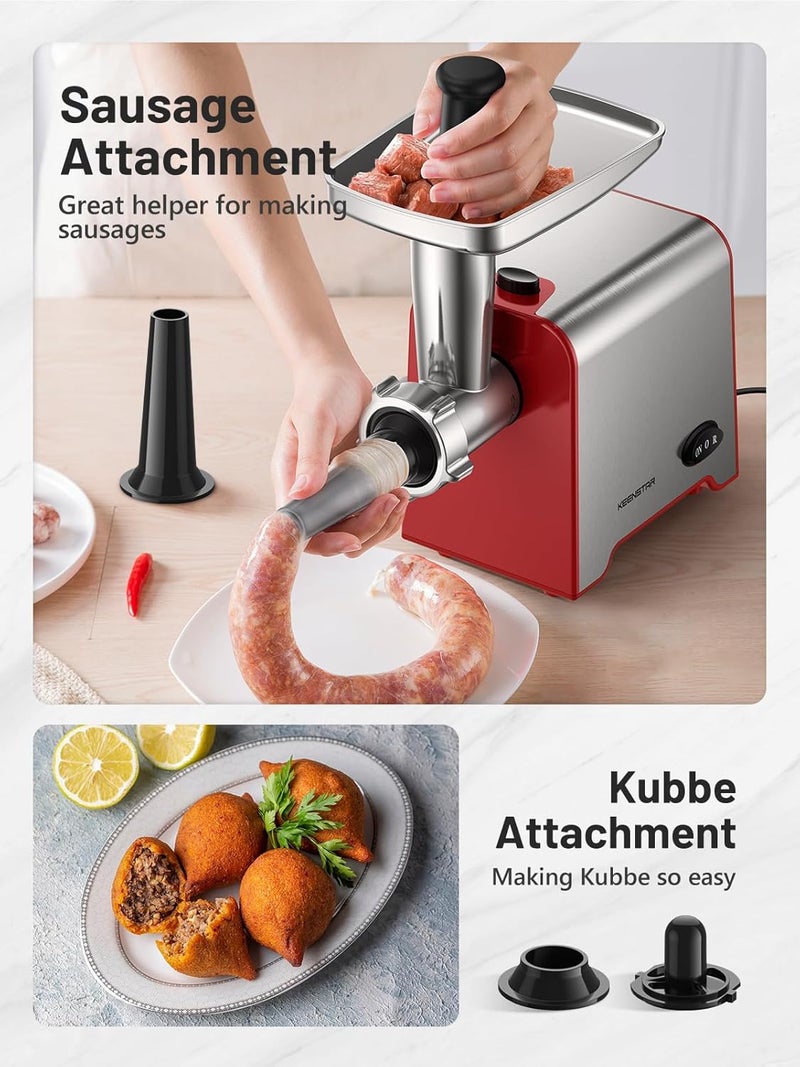 KEENSTAR Electric Meat Grinder, Sausage Stuffer Maker 450W Food Grinder with Blade & 3 Plates, Sausage Stuffer Tubes & Kubbe Kit, Stainless Steel Meat Mincer Machine for Home Kitchen Use (Red) - Image 4